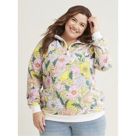 Vera Bradley Plus Size French Terry Quarter Zip Sweatshirt with Pockets - Picture 1 of 13